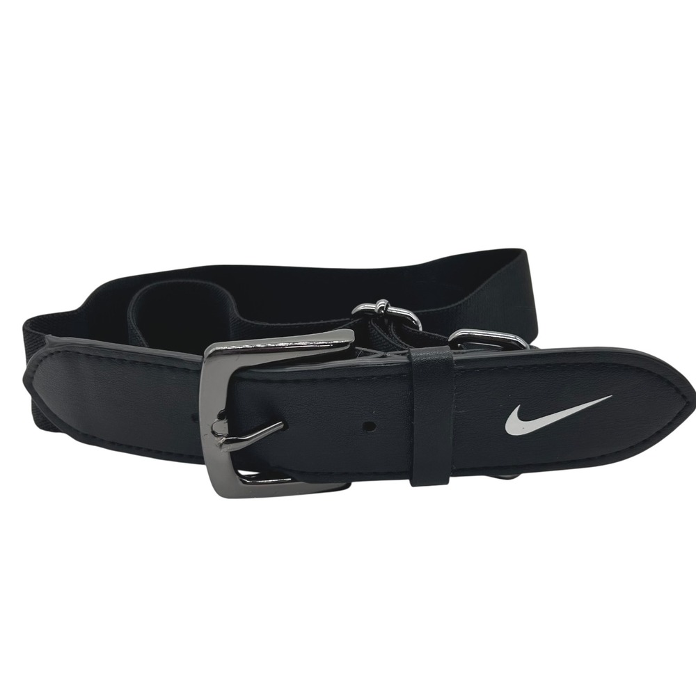 Nike Baseball Belt Boys OS Adjustable Black Silver Buckle Fits Waist 20"‎ to 34"
